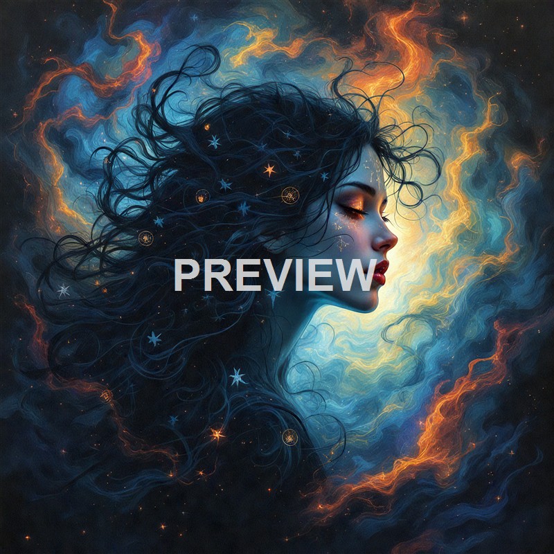 A digital artwork of a woman with closed eyes, surrounded by swirling cosmic colors and star-like patterns in her flowing hair, creating a celestial and dreamy atmosphere.